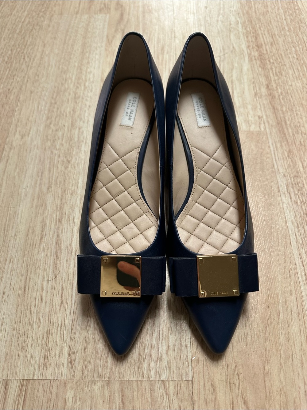 Cole Haan Navy Pointed-Toe Flats with Gold Square Accent